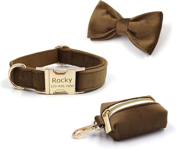 Personalized Velvet Dog Collars with Pet Name Phone Number Engraved, Custom Adjustable Soft Collar with Metal Buckle for Small Medium Large Dogs, Dog Leash and Bow Tie Available -Brown
