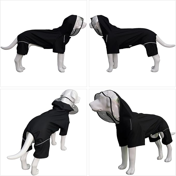 Four-Legged Full Coverage Waterproof Dog Raincoat with Reflective Features Pet Raincoats for Large Medium Small Dogs Black S