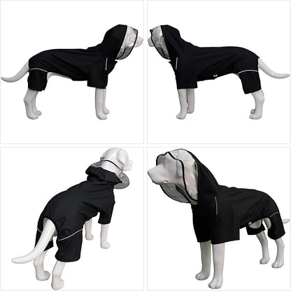 Four-Legged Full Coverage Waterproof Dog Raincoat with Reflective Features Pet Raincoats for Large Medium Small Dogs Black S