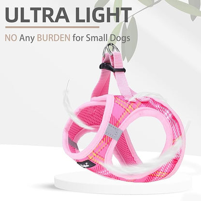 PUPTECK Dog Harness and Leash Set for Small Medium Dogs No Pull Step-in Soft Mesh Puppy Cat Vest Harnesses Reflective at Night, Plaid Pattern Pink M