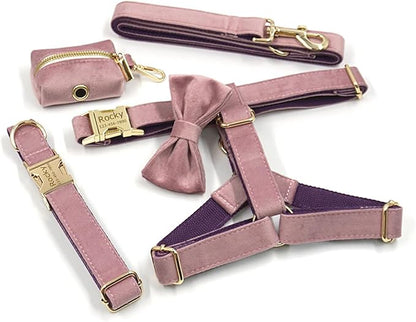 Personalized Velvet Dog Collars with Pet Name Phone Number Engraved, Custom Adjustable Soft Collar with Metal Buckle for Small Medium Large Dogs, Dog Leash and Bow Tie Available -Pink Purple
