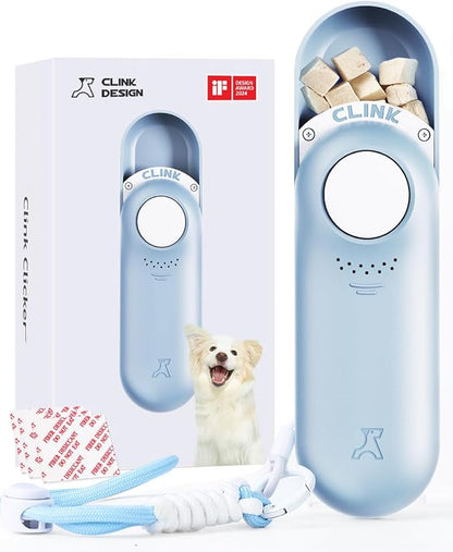 Clink Design Clicker Dog Trainer & Dog Treat Pouch Alternative, Puppy Essentials Dual Use 2 in 1 Dog Clicker for Training - Durable, Light (2.36 oz), Easy to Clean & Handle, Innovative Design, Blue
