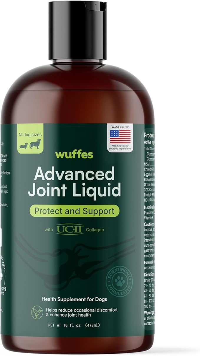Wuffes Advanced Joint Liquid for Dogs, Hip & Joint Support Supplement with Glucosamine, Chondroitin, UC-II® Collagen, and MSM, for Small & Large Breeds, 16 Oz