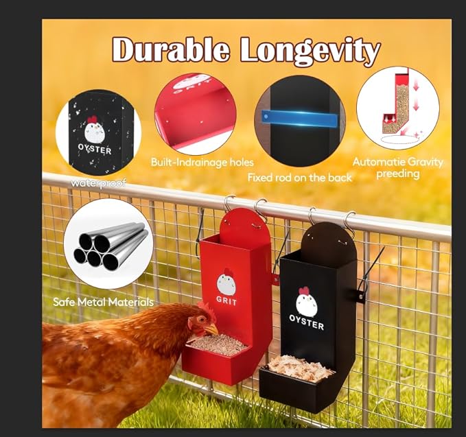 JND Chicken Grit and Oyster Shell Feeder Combo, Heavy Duty Metal Automatic Chicken Feeders，Stable Chicken Feeder - Anti-Tip Rod Included, Chicken Coop Accessories Built for Busy Keepers