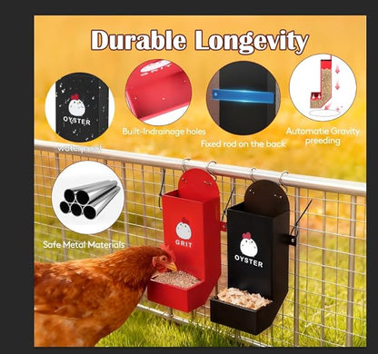 JND Chicken Grit and Oyster Shell Feeder Combo, Heavy Duty Metal Automatic Chicken Feeders，Stable Chicken Feeder - Anti-Tip Rod Included, Chicken Coop Accessories Built for Busy Keepers
