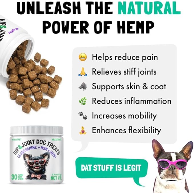 LEGITPET Hemp Hip & Joint Supplement for Dogs Soft Chews Made in USA Functional Glucosamine for Dogs Chondroitin MSM Turmeric Hemp Seed Oil Natural Pain Relief Mobility Advanced Joint 30 Treats