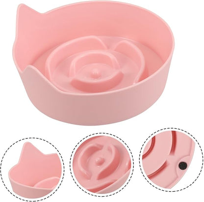 Non-Slip Pink Cat Bowl Slow Feeder with Grooved Interior for Small Pets Puppies Kittens Rabbits Plastic Dish for Wet Food and Water