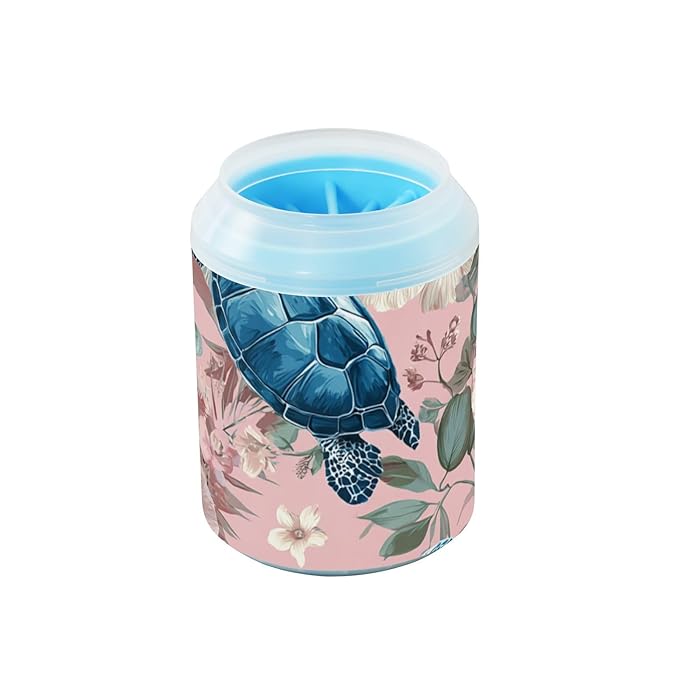 Dog Paw Cleaner Cups for Dogs Pets Foot Washer Paw Scrubber for Medium Small Dogs Cats Cleaning Cup Sea Turtles and Pink Hibiscus