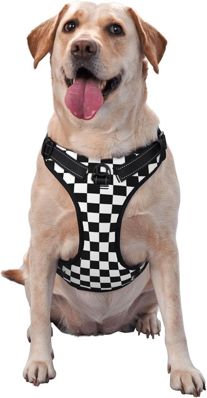 Black White Plaid Reflective Dog Harness No Pull Soft Vest Harness for Small Medium Large Dog Puppy Pets X-Large Size