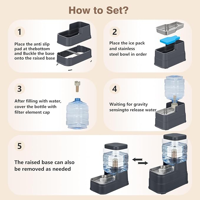 Cat Automatic Feeder Dog Water Dispenser with Stainless Steel Bowl Pet Gravity Waterer Large Capacity Feeding Raised Bowls for Small Medium Large Pets with Filter,Ice Pack 6L