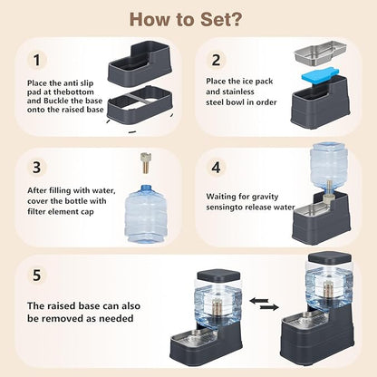 Cat Automatic Feeder Dog Water Dispenser with Stainless Steel Bowl Pet Gravity Waterer Large Capacity Feeding Raised Bowls for Small Medium Large Pets with Filter,Ice Pack 6L