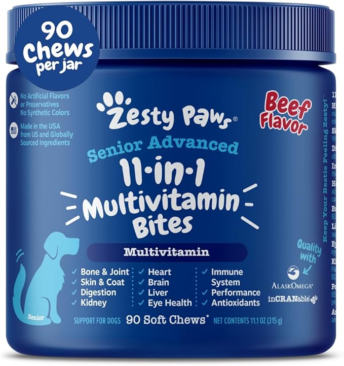 Zesty Paws Senior Dog Multivitamin Treats - Glucosamine for Dogs + Digestive Enzymes & Probiotics - Grain Free Dog Vitamins and Supplements for Skin & Coat + Immune Health Beef - Advanced - 90ct