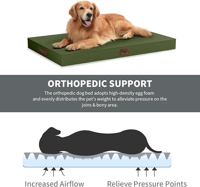 Outdoor Orthopedic Dog Bed, Waterproof Dog Bed for Large Dogs 36x27 Inch, Egg Crate Foam Pet Mat with Washable Removable Oxford Cooling Cover, Amy Green