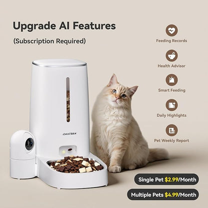Automatic Cat Dog Feeder 4L with Camera, 1080P HD Video with Night Vision, Removable Camera, 2.4G/5G WiFi Smart Pet Food Dispenser with AI Function(Sub Required), 2-Way Audio, Tuya APP