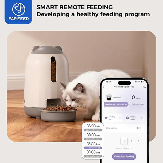 PAPIFEED Automatic Cat Feeder with App Control, 2.4G WiFi Auto Cat Food Dispenser, 3L Cat Feeder Automatic with Dual Power Supply, Easy-Clean Design for Cats & Small Dogs (Grey)