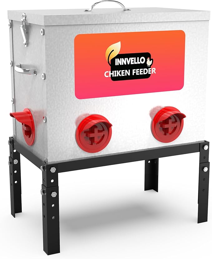 Automatic Gravity Chicken Feeder 40 lb Capacity, Large Metal 6-Port No-Waste Poultry Feeder with Adjustable Height Stand & Locking Lid for Outdoor Chickens, Ducks & Geese