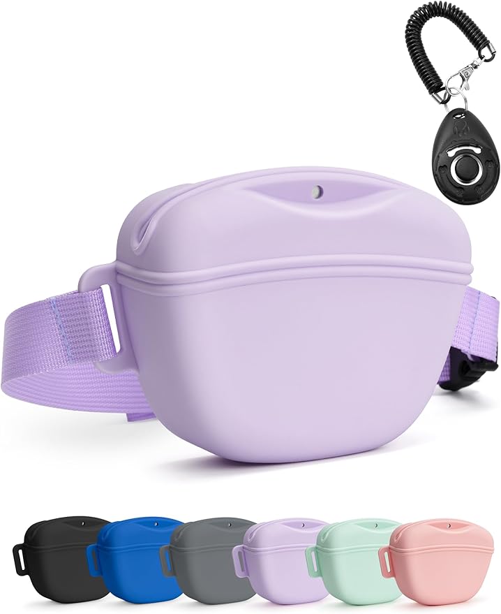 Dog Treat Pouch with Training Clicker, Upgrade Stronger Magnetic Closure to Avoid Spilling, 1.67 Cup Silicone Treat Bag Fanny Pack with Waist Belt for Pet Training Walking (Violet)