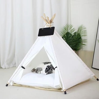 Dog Cat Teepee Tent Bed,Portable Pet Teepee for Small Animals Removable & Washable,Indoor Dog House with Cozy Cushion,Cat Teepee for Indoor Cats,Bunny Tent Outdoor (White, L)