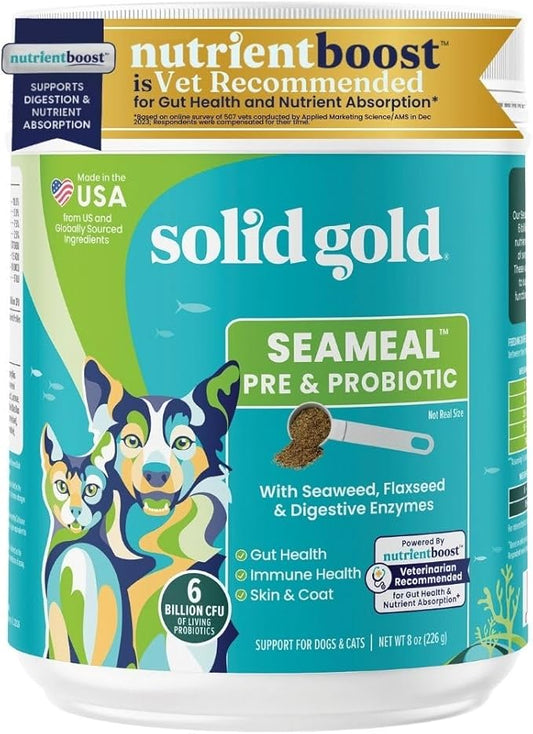 Solid Gold SeaMeal Cat Probiotic & Dog Probiotics for Digestive Health - Kelp Powder Dog & Cat Multivitamin Supplement w/Prebiotics & Digestive Enzymes for Skin, Coat, & Gut + Immune Support - 8oz