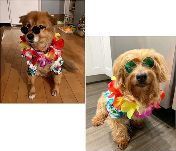 3 Pieces Small Dog Hawaiian Costume Puppy Halloween Cool T-Shirts Summer Clothes with Retro Sunglasses and Colorful Wreath Hawaiian Shirts Costume for Small to Medium Dogs Pet(Green Series)