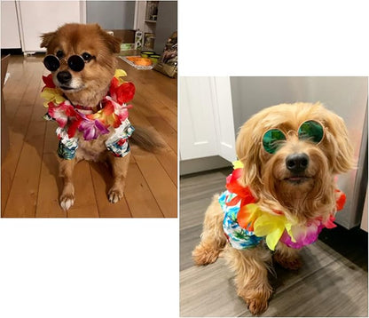 3 Pieces Small Dog Hawaiian Costume Puppy Halloween Cool T-Shirts Summer Clothes with Retro Sunglasses and Colorful Wreath Hawaiian Shirts Costume for Small to Medium Dogs Pet(Green Series)