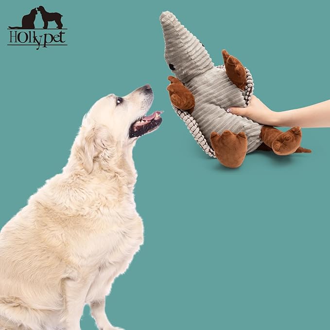 Hollypet Plush Dog Squeaky Toy Stuffed Armadillo Animal Pet Puppy Chew Toys with Clean Teeth for Small Medium Large All Breed Sizes Dogs, Gray Large, 14 in