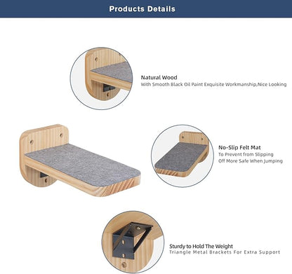 ESPETS Set of 3 Natural Wood Cat Wall Steps Floating Ladder Stairs- Wall Mounted Wooden Cat Shelves and Perches - Holds up 30lbs