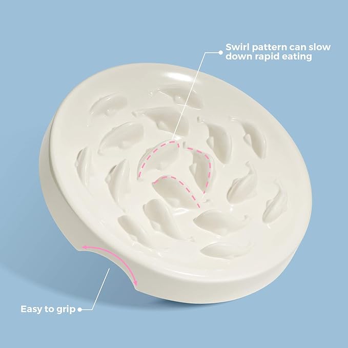 Slow Feeder Bowl for Cats and Small Dogs,Cilkus Fish Pool Design, Fun Interactive Bloat Stop Puzzle Feeder Bowl Healthy Eating Diet Made of Melamine Food Grade Material Dishwasher Safe (White)