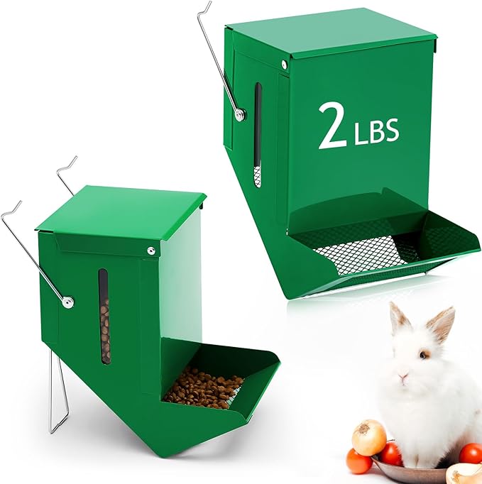 Maxcheck 2 Pcs Rabbit Feeder for Cages Viewing Window Small Animal Food Dispenser with Lid Metal Guinea Pigs Feeders Indoor Outdoor