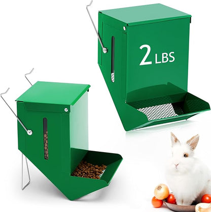 Maxcheck 2 Pcs Rabbit Feeder for Cages Viewing Window Small Animal Food Dispenser with Lid Metal Guinea Pigs Feeders Indoor Outdoor