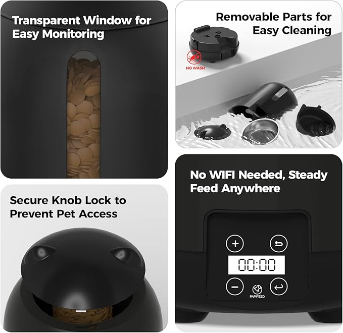PAPIFEED Automatic Cat Feeder, No WiFi No App Timed Cat Food Dispenser, 6 Meals Programmable with LED Screen, Battery Powered Auto Cat Feeder for Cats & Small Dogs (Black)