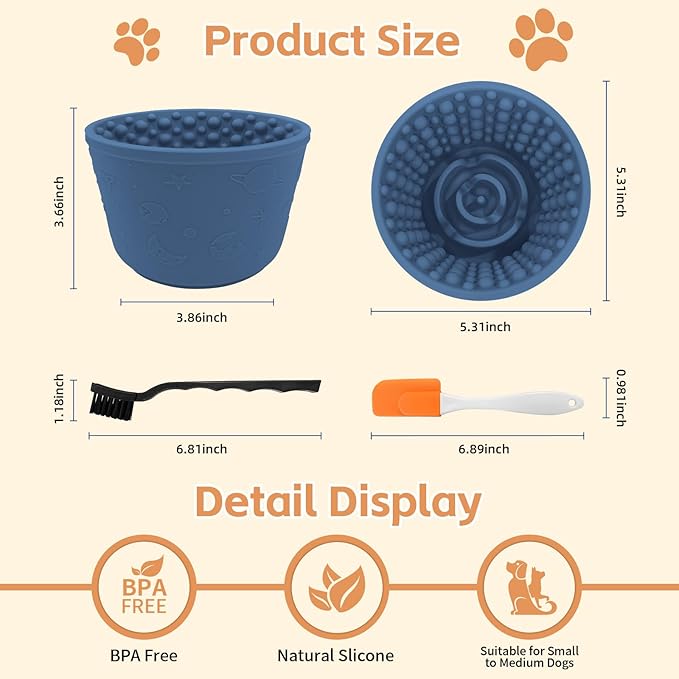 Dog Lick Bowl with Brush Scraper,Anxiety Relief Non-Slip Treat Dispenser,Durable Anti-Choking Enrichment Slow Feeder Licking Bowl for Medium Large Breed,Freezable BPA Free Silicone Dishwasher Safe