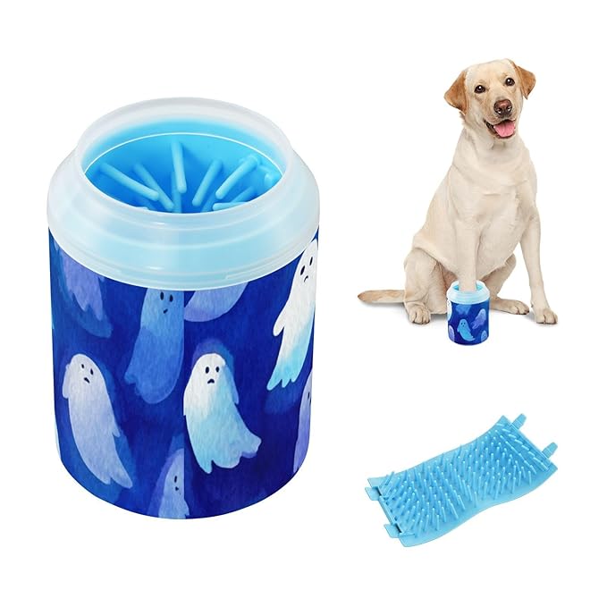 Dog Paw Cleaner Mudbuster Dog Foot Washer for Small Medium Large Dogs Cats Premium Pet Supplies Watercolor Halloween Ghost Blue