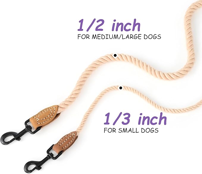 Mile High Life Dog Leash, Braided Cotton Rope Leashes with Leather Tip - Heavy Duty Metal Clasp, 6FT, 1/3" Thick - Wedding, Walking Leash for Small Medium Dogs(Light Brown)
