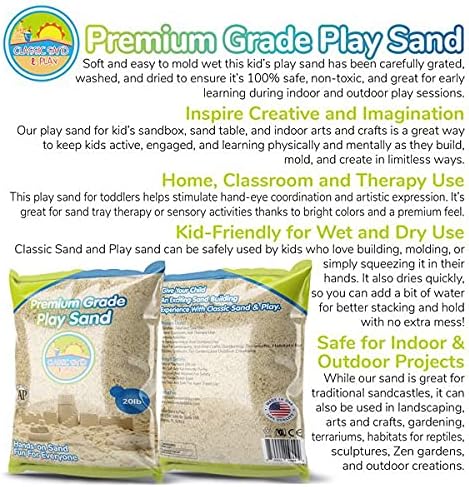 Classic Sand and Play Sand for Sandbox, Table, Therapy, and Outdoor Use, 20 lb. Bag, Natural, Non-Toxic, Wet Castle Building for Creativity and Stimulates Sensory Skills