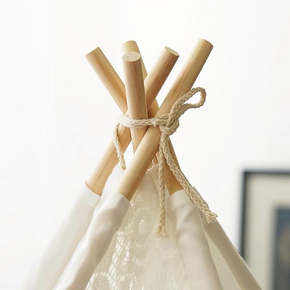 Dog & Cat Teepee Tent Bed,Portable Pet Teepee for Small Animals,Removable & Washable,Indoor Dog House with Cozy Cushion,Cat Teepee for Indoor Cats,Bunny Tent Outdoor (White Lace, M)