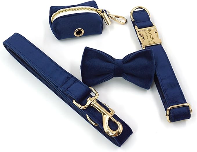 Personalized Velvet Dog Collars with Pet Name Phone Number Engraved, Custom Adjustable Soft Collar with Metal Buckle for Small Medium Large Dogs, Dog Leash and Bow Tie Available -Dark Blue