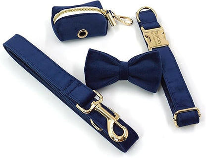 Personalized Velvet Dog Collars with Pet Name Phone Number Engraved, Custom Adjustable Soft Collar with Metal Buckle for Small Medium Large Dogs, Dog Leash and Bow Tie Available -Dark Blue