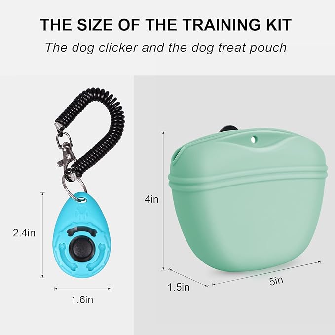 Left&Right Dog Clicker Training Kit,Silicone Dog Training Treat Pouch and Dog Clickers,Dog Treat Bag with Clicker Training for Dogs,Pet Treat Bag with Magnetic Buckle Closing and Waist Clip,Egg Green