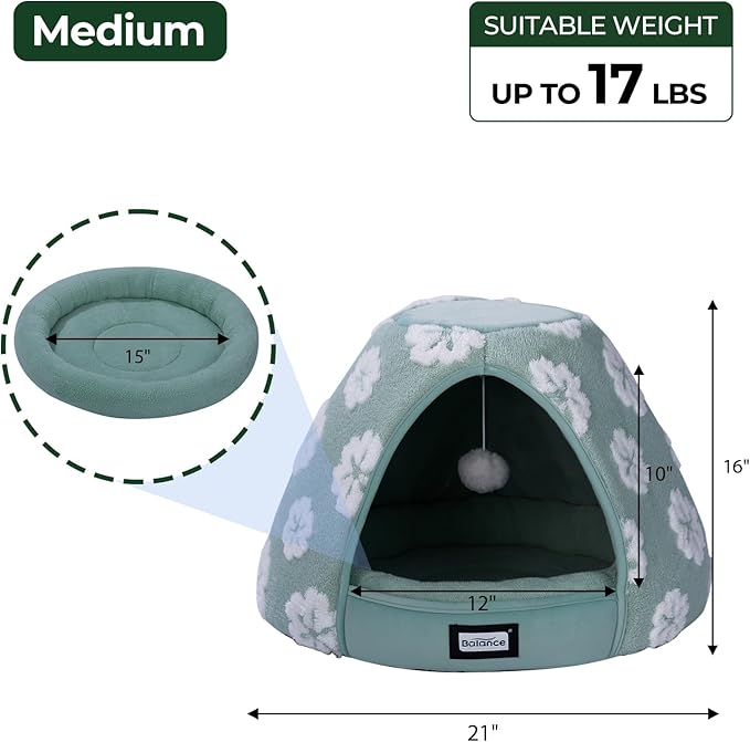 BALANCE Cat Beds for Indoor Cats, 2-in-1 Cat Bed Cave with Anti-Slip Bottom and Ultra-Soft Plush, Cozy Cats House Tent for Kittens and Small Dogs, 21 Inches, Green
