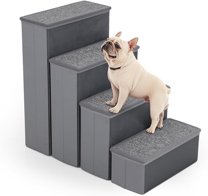 PETSITE 4-Step Dog Stairs, 23 Inch Tall Foldable Pet Stairs for Small and Medium Dogs Cats, with Storage Compartments and Non-Slip Bottom, Adjustable Dog Steps for Bed, Couch, or Sofa