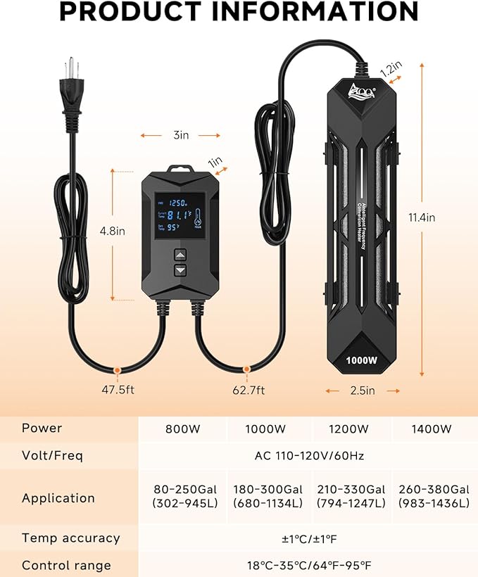 AQQA Aquarium Heater 800W/1000W/1200W/1400W Fish Tank Heater with LED Digital Display 110-120V Submersible No Pond Heaters with Overheat & Dry-Out Protection for Freshwater & Saltwater Tanks (1200W)