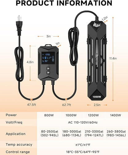 AQQA Aquarium Heater 800W/1000W/1200W/1400W Fish Tank Heater with LED Digital Display 110-120V Submersible No Pond Heaters with Overheat & Dry-Out Protection for Freshwater & Saltwater Tanks (1200W)