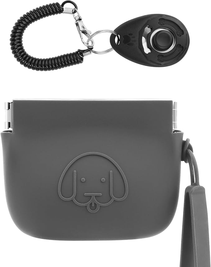 WALLFID Silicone Dog Treat Pouch Small Bag,Auto Closure,with Pet Training Clicker,Walking Bag for Dog and Cat,Pocket Size,Easy to Clean,Odorless (dark gray)