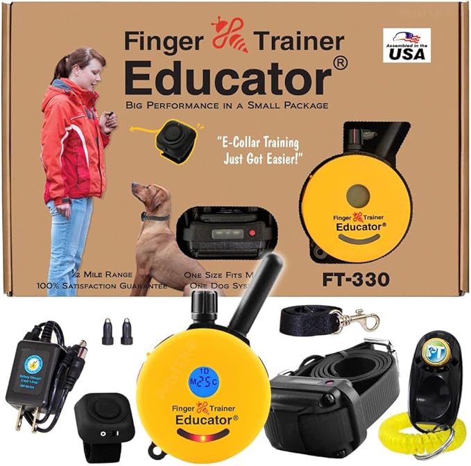 Educator FT-330 Finger Trainer E Collar for Dog Training with Remote - 1/2 Mile Range, Waterproof, 100 Stimulation Levels, Tone or Vibration Mode, Night Light Tracking for Small, Medium & Large Dogs