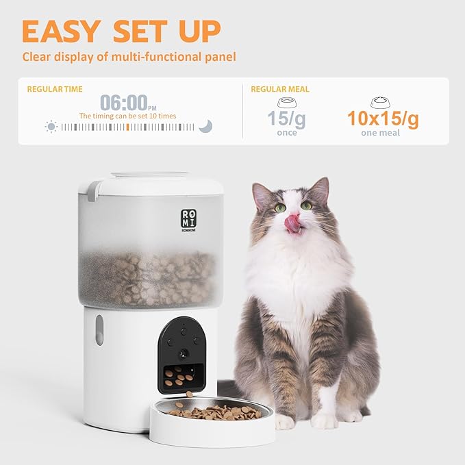Romiromi 7L 2-in-1 Automatic Cat Feeder with Camera and Water Fountain Dispenser 1080P HD Video 2.4G&5G WiFi Timed Auto Feeder with APP Control,Multiple Cats, Detachable for Easy Clean-White