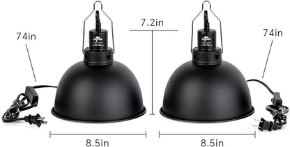 CAVACHEW 2 Pack Reptile Light Fixture, 8.5in Deep Dome Reptile Lamp Fixture, Optical Reflection Cover, Separate Switch & Hook, Terrarium Light Fixture for Reptile Heat Basking UVB Bulbs, 150W, Black