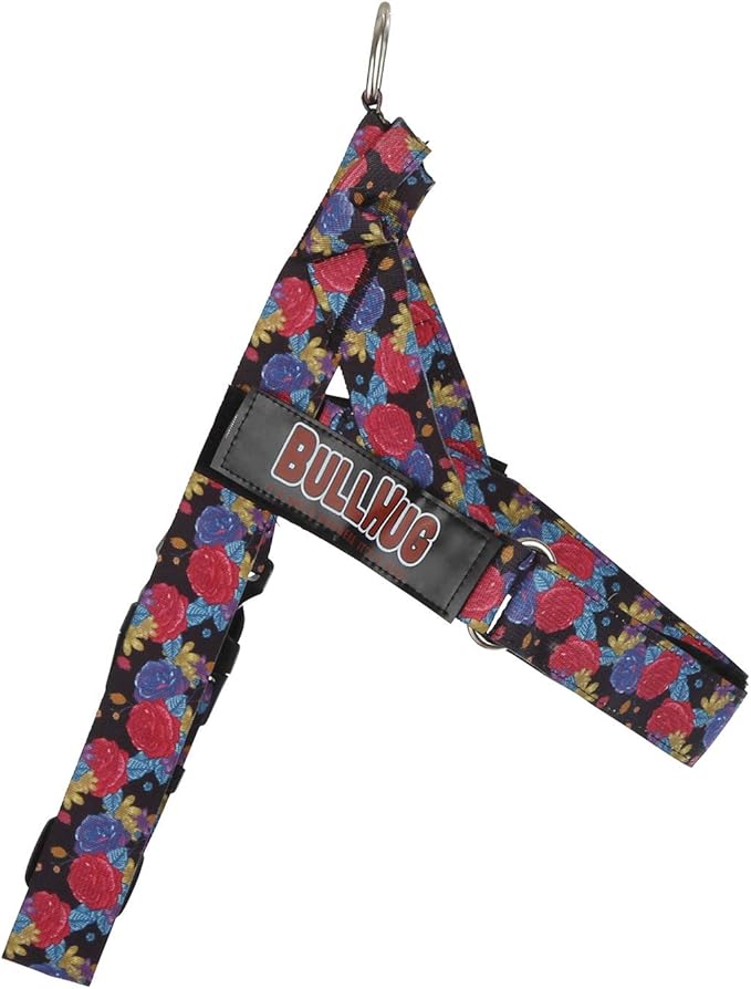 BULLHUG Adjustable Dog Harness– No Pull, No Choke – for English Bulldogs, French Bulldogs, Pugs & Broad-Chested Breeds – Easy, Safe Walks (Black Floral, XL)