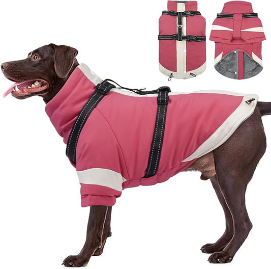 XX-Large Dog Winter Coat with Harness 2 in 1-for Walk The Dogs| Thick and Warm Lining for Cold Winter,Turtleneck Windproof Snowsuit with Sleeves,Night Reflective Harness(Pink)