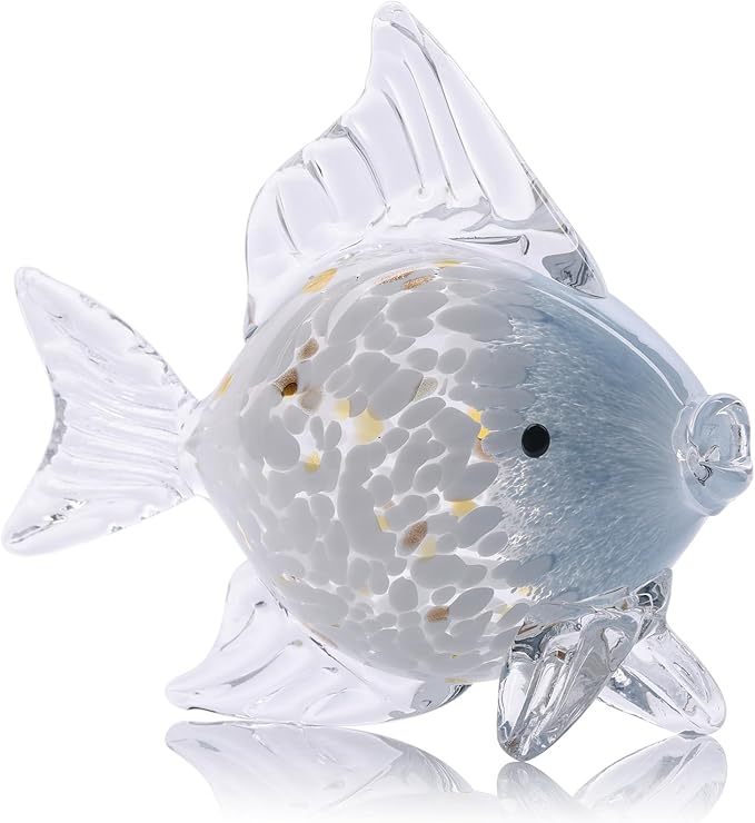 Large Hand Blown Glass Fish Figurines, Aquarium Sea Glass Art, Blue White Fish Statue Sculpture Modern Coastal Accent - for Beach Knick Knacks, Coffee Tables, Nautical Offices Centerpiece